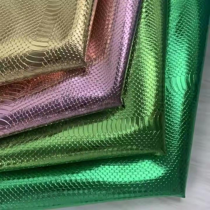 Customized Good Quality Metallic Film Python Snake Skin Synthetic PU Leather